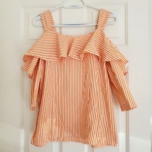 EUC Preppy Nautical Orange White Striped Off Shoulder Blouse, S